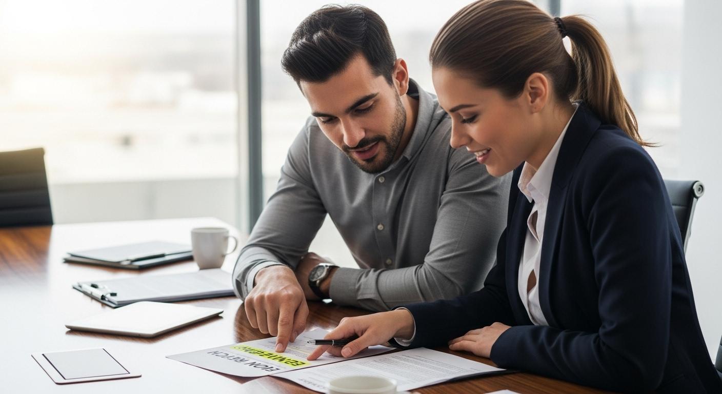 Deux collègues de nationalités différentes, assis autour d'une table de réunion, se penchent sur un document en anglais, l'un pointant une phrase traduite pendant que l'autre acquiesce, visiblement soulagé de la compréhension partagée.