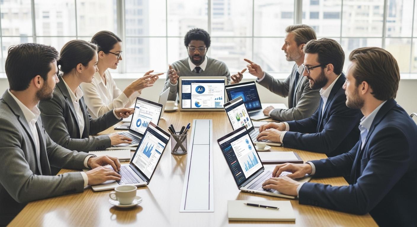Plusieurs professionnels, assis autour d’une grande table de bureau moderne, échangent en consultant leurs ordinateurs portables affichant différents outils d’intelligence artificielle, certains discutant vivement des avantages de chaque solution.