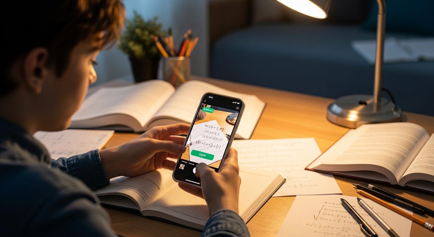 Un adolescent assis à son bureau, concentré, prend en photo un exercice de maths avec son smartphone, l’écran affichant une application de résolution mathématique, une ambiance de travail studieuse avec cahiers ouverts et stylos autour de lui.