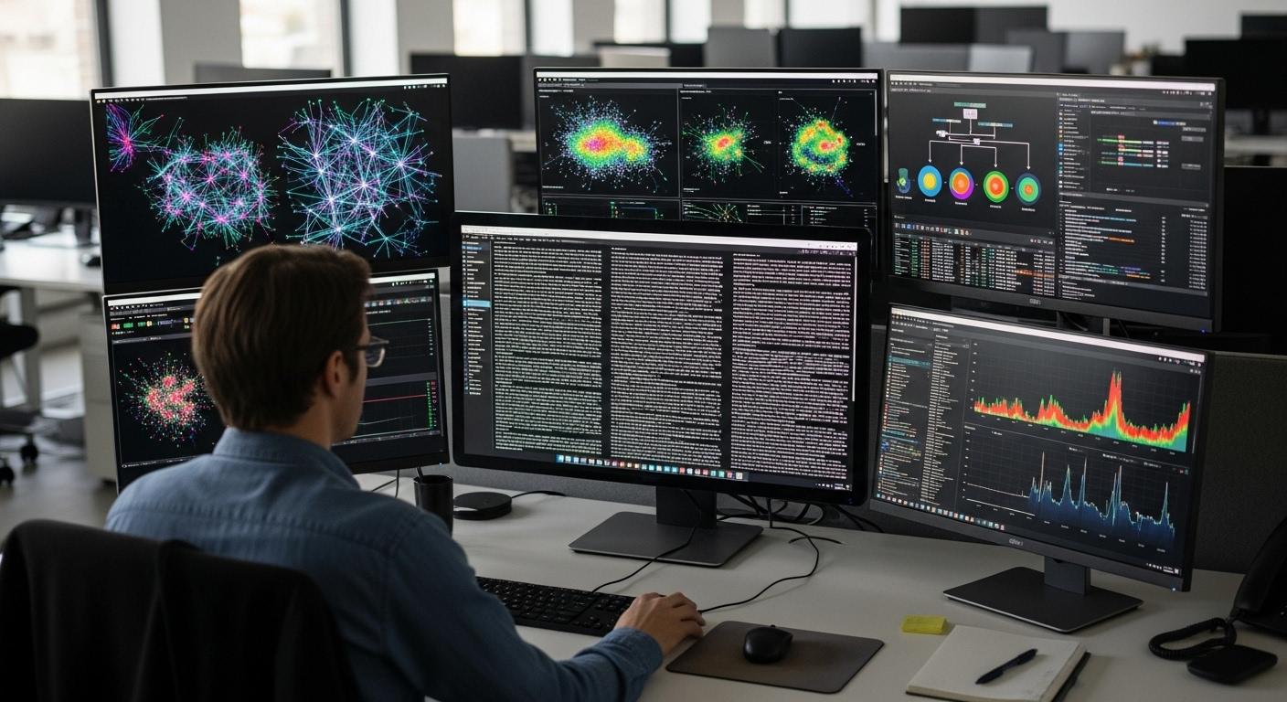 Un bureau moderne avec plusieurs écrans d'ordinateur affichant des graphiques de détection d'IA, un journaliste concentré analysant un texte à l'écran, ambiance studieuse et lumière naturelle
