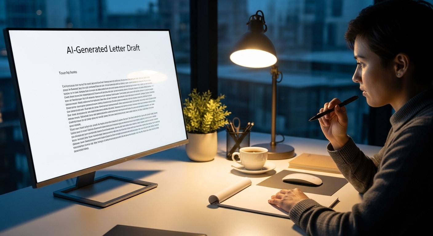 Un bureau moderne où une personne hésite devant une page blanche tandis qu’un ordinateur affiche un texte généré automatiquement, illustrant l’intervention de l’intelligence artificielle dans la rédaction d’une lettre.