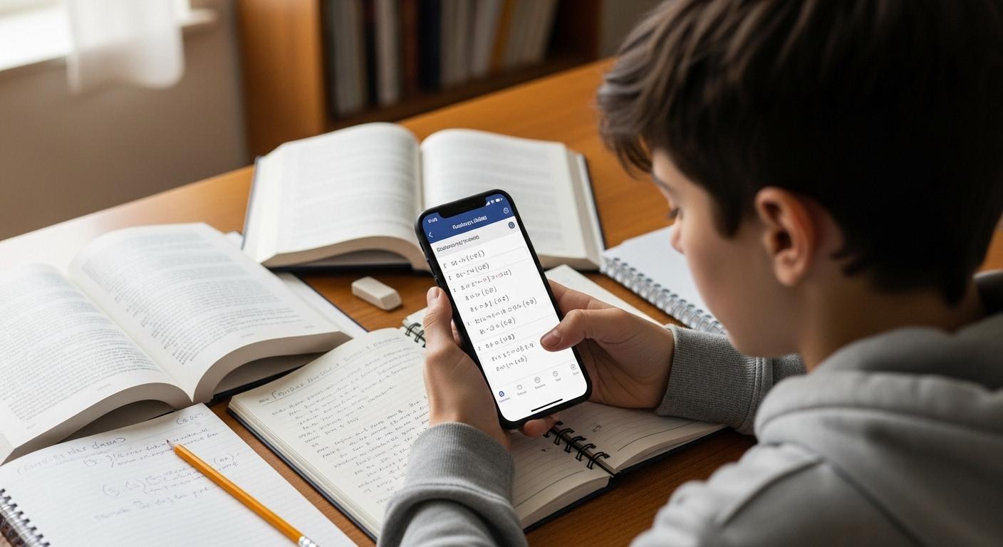 Un élève assis à un bureau, concentré, utilise une application de résolution de maths sur son smartphone ; à l’écran, les étapes d’une équation complexe sont affichées clairement, tandis que des cahiers de cours et un crayon sont posés autour de lui.