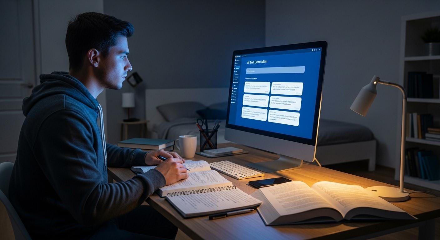 Un étudiant assis à un bureau éclairé par la lumière d’un écran d’ordinateur, entouré de livres ouverts et d’un carnet de notes, consulte une interface d’outil IA affichant des suggestions de textes, dans une chambre calme au décor moderne.