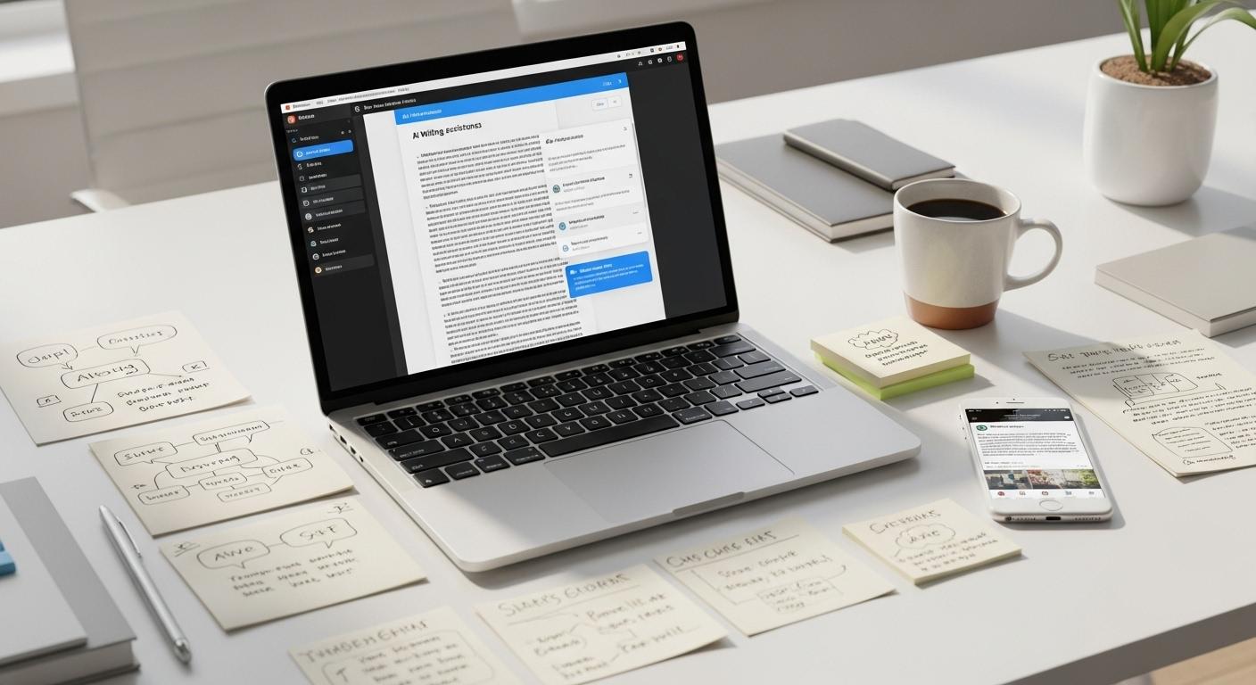 Un ordinateur portable affichant une interface de rédaction assistée par intelligence artificielle, entouré de notes manuscrites, d’un smartphone affichant des réseaux sociaux et d’un mug de café, sur un bureau moderne en pleine lumière du jour.