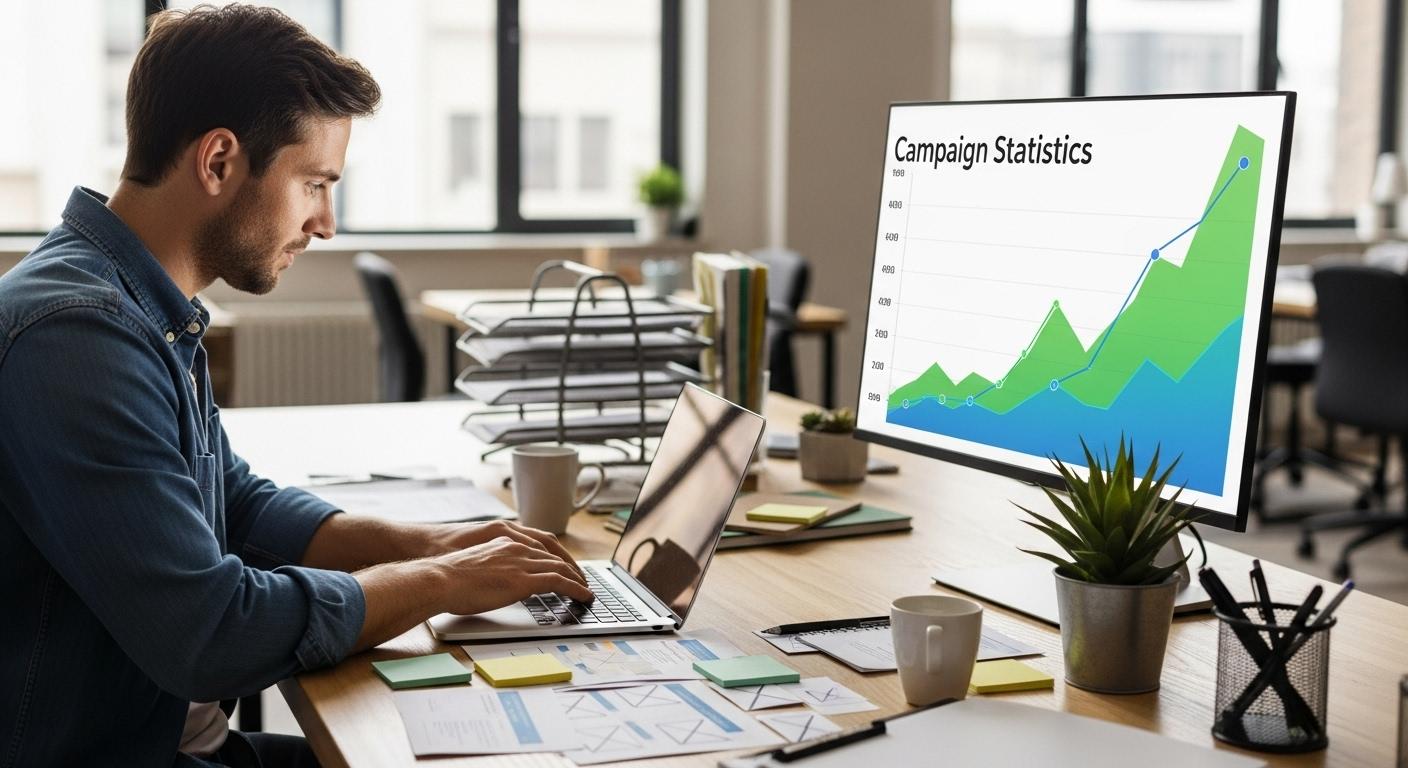 Un professionnel concentré tape sur son ordinateur portable dans un bureau lumineux, entouré de notes et d’exemples d’emails, tandis qu’une courbe de statistiques de campagne monte sur un écran à côté de lui.