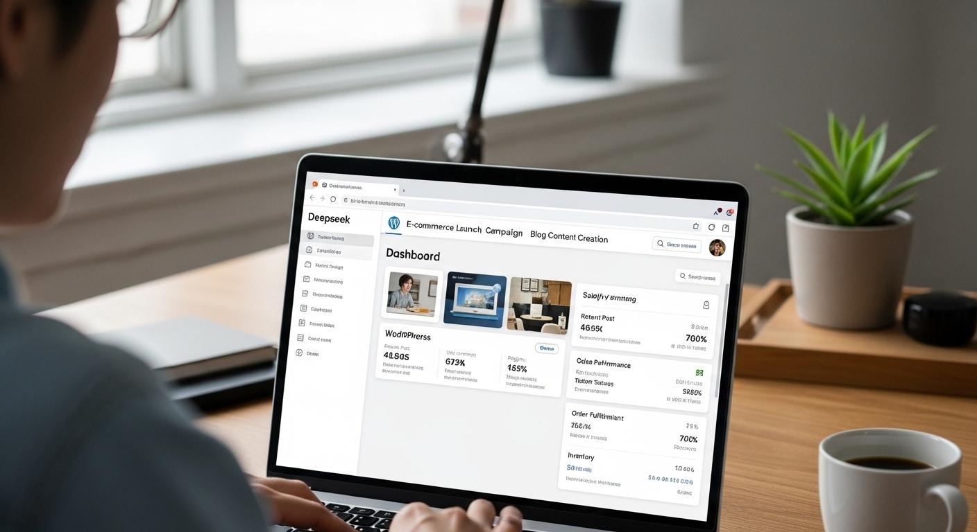 Un utilisateur concentré travaille sur un ordinateur portable affichant l’interface épurée de Deepseek, avec plusieurs onglets de projets ouverts et un tableau de bord montrant une intégration à WordPress et Shopify.