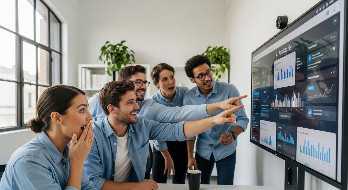 Une équipe de bureau en pleine réunion, consultant un écran où s'affiche une interface d'assistant IA, avec des expressions de satisfaction et d'étonnement sur les visages des collaborateurs.