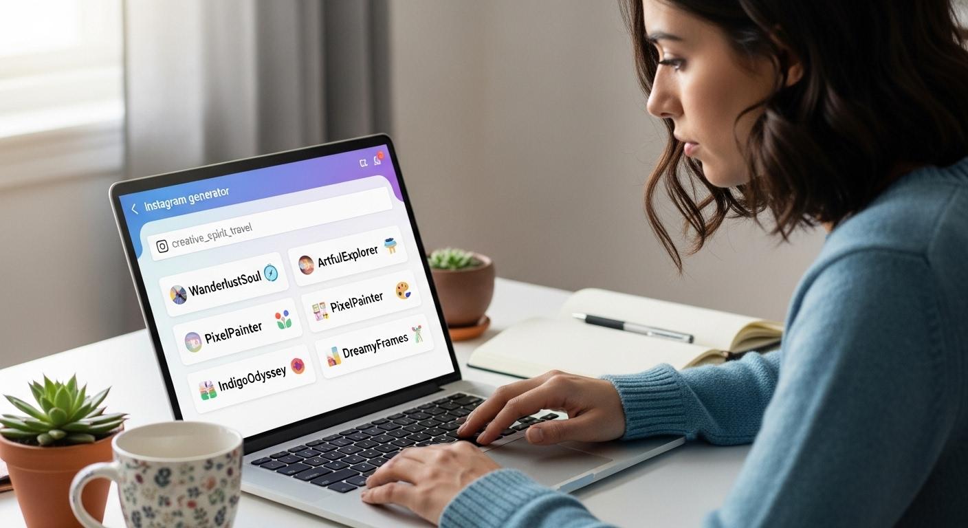 Une jeune femme assise devant son ordinateur, concentrée, entre des mots-clés sur une interface de générateur de pseudo Instagram, l’écran affichant différentes suggestions de noms créatifs et colorés.