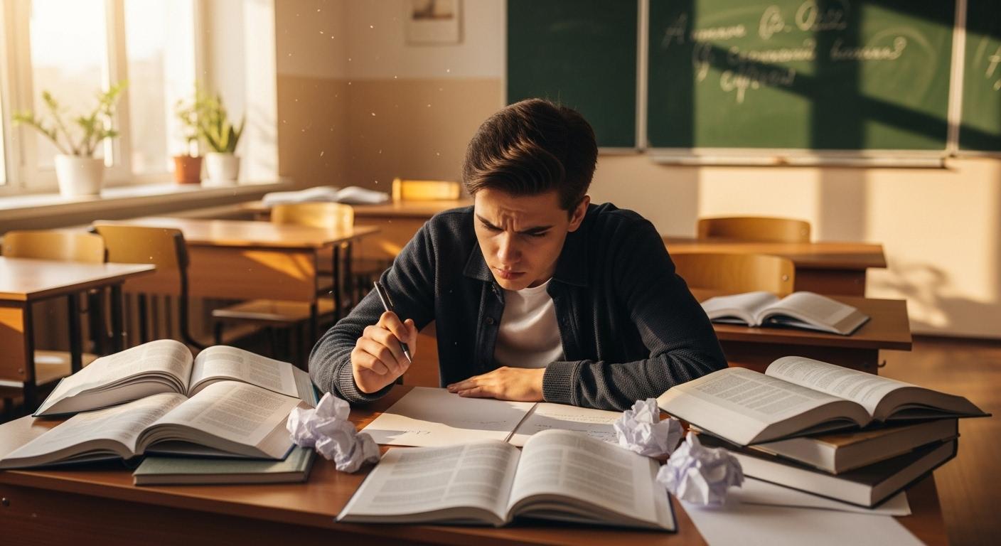 Un élève assis à un bureau, entouré de livres ouverts et de feuilles de brouillon, en train de réfléchir intensément à sa dissertation, son stylo à la main, dans une salle de classe lumineuse.