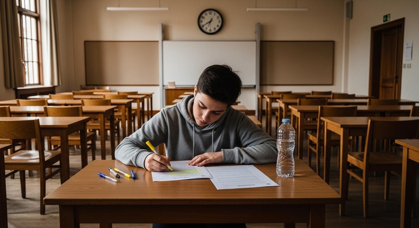 Un élève assis seul à une table d’examen, surlignant méthodiquement les mots-clés d’un sujet écrit sur une feuille, entouré de silence et de tables vides dans une salle de classe