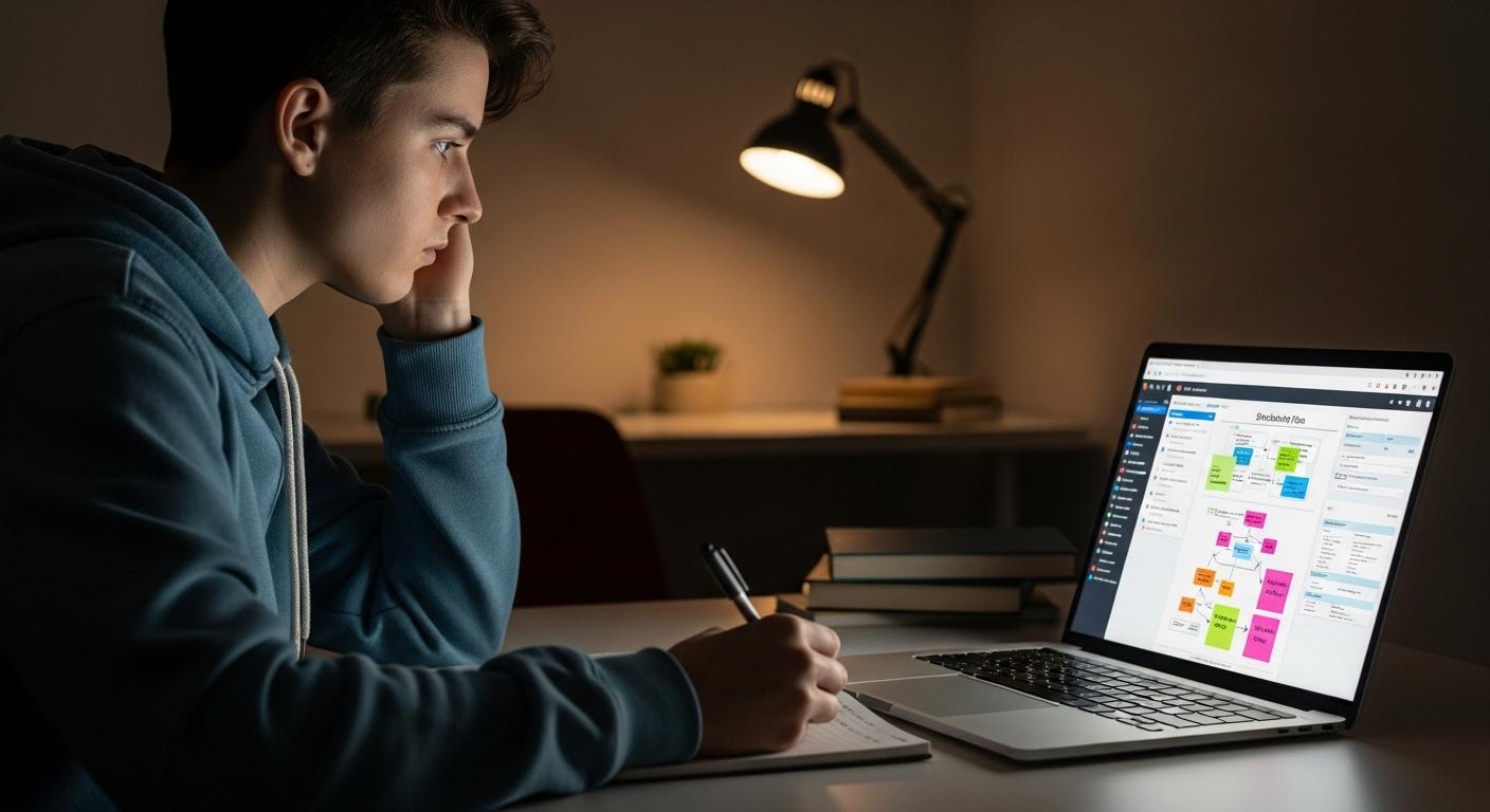 Un étudiant assis devant son ordinateur dans une chambre calme, le visage concentré et éclairé par l’écran, voit s’afficher un plan structuré généré en quelques secondes, avec des notes et des schémas colorés qui apparaissent spontanément.