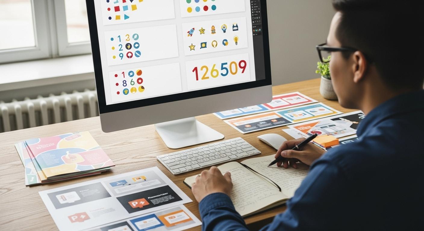 Un graphiste installe différentes listes sur son écran d’ordinateur, alternant puces colorées, icônes originales et chiffres stylisés, tandis que des exemples imprimés de flyers et de présentations PowerPoint sont étalés sur son bureau à côté d’un carnet de croquis.