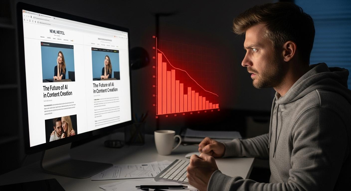 Un rédacteur web regarde son écran d’ordinateur avec inquiétude, découvrant que son article a été copié mot pour mot sur un site concurrent, tandis qu’un graphique de trafic en chute libre s’affiche à côté de lui.