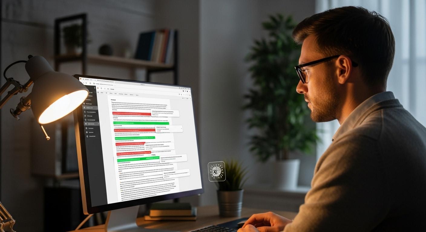 Un utilisateur concentré devant son ordinateur, observant l’écran où une intelligence artificielle surligne et corrige automatiquement des phrases, ambiance de travail studieuse et moderne