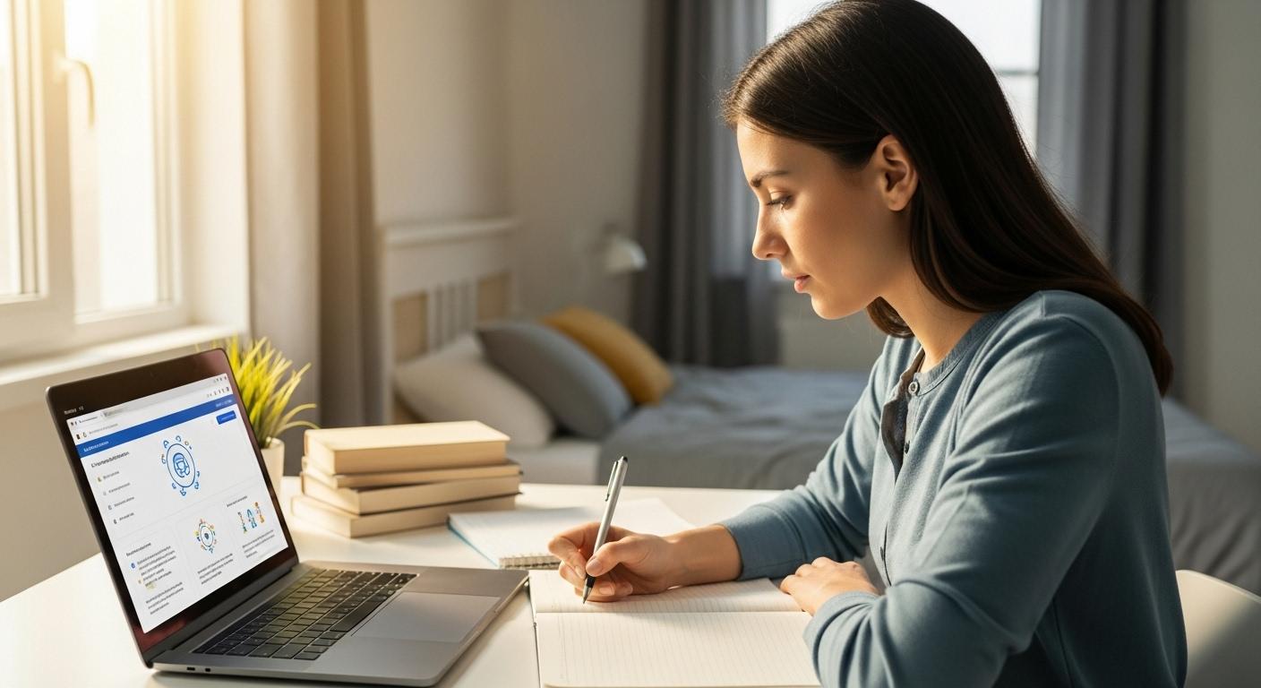 Une élève assise à son bureau avec un ordinateur portable ouvert, un cahier et un stylo à la main, concentrée pendant qu'une interface d'intelligence artificielle affiche des explications scolaires sur l'écran, dans une chambre lumineuse et ordonnée