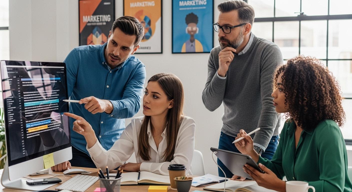 Une équipe de professionnels réunie autour d’un ordinateur, observant l’écran où un texte généré par une intelligence artificielle s’affiche, ambiance de bureau moderne avec affiches marketing et carnets de notes ouverts.