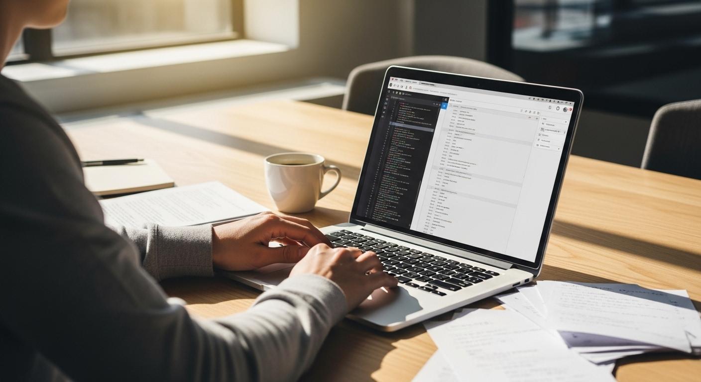 Une personne assise à un bureau moderne, travaillant sur un ordinateur portable affichant une interface d’éditeur de texte en ligne, entourée de notes manuscrites et d’une tasse de café, la lumière du jour filtrant par une fenêtre.
