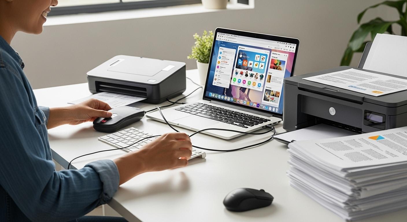Une personne souriante assise à un bureau lumineux, connectant un scanner et une imprimante à un ordinateur portable, avec l’écran affichant une interface colorée et intuitive, tandis qu’une pile de documents fraîchement imprimés s’accumule à côté.