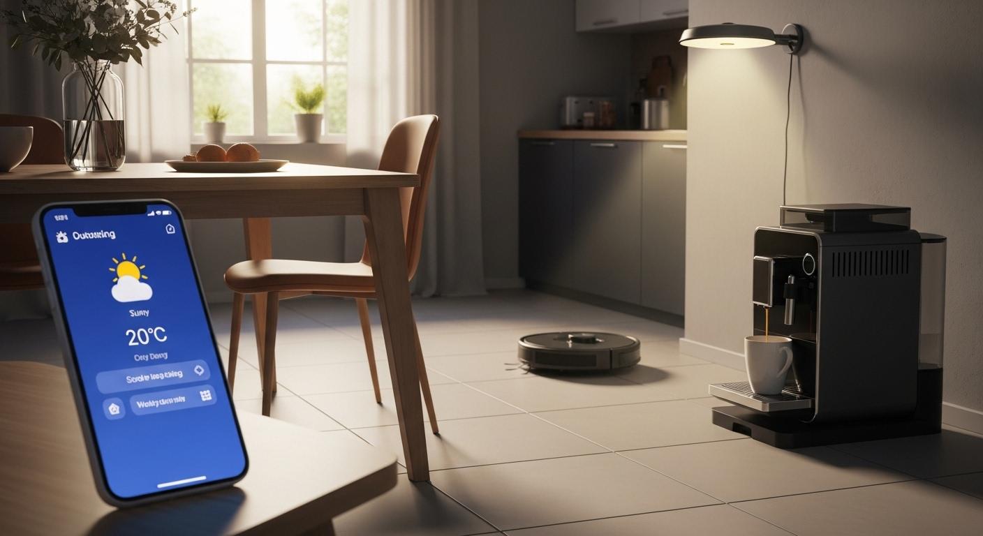 Une table de cuisine au petit matin, où un smartphone affiche une notification météo, un aspirateur robot circule sur le sol et une machine à café prépare une boisson, tandis qu’une lumière intelligente ajuste l’ambiance de la pièce