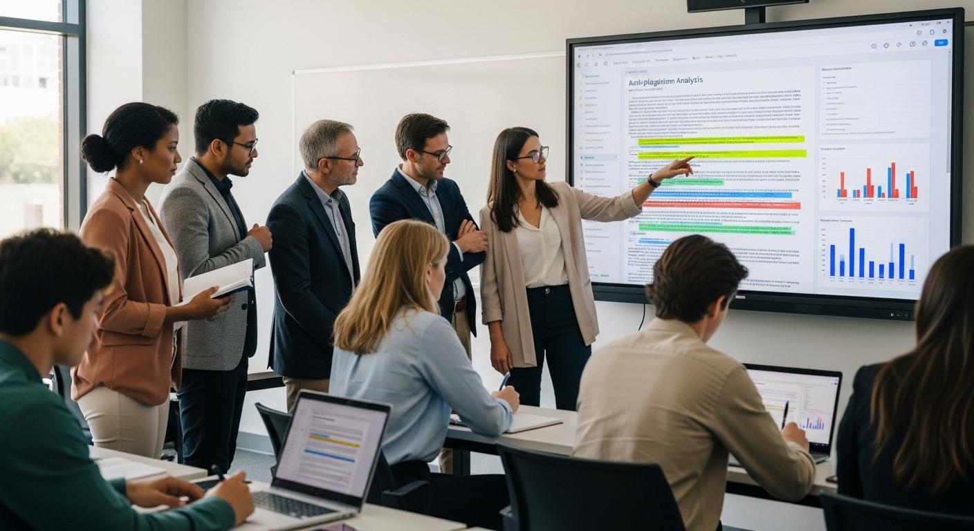 Dans une salle de classe universitaire moderne, un groupe d’enseignants consulte ensemble sur un écran géant un rapport d’analyse anti-plagiat, les zones de texte suspectes étant surlignées en couleur, tandis que des étudiants attentifs prennent des notes en arrière-plan.