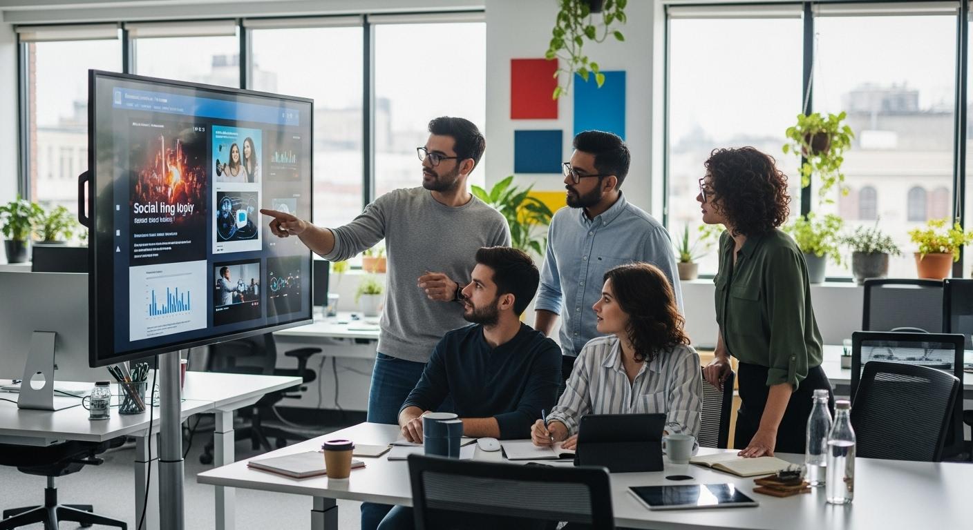 Équipe marketing réunie autour d’un écran, analysant des contenus générés par une plateforme IA, dans un espace de travail moderne et collaboratif, ambiance dynamique et professionnelle.