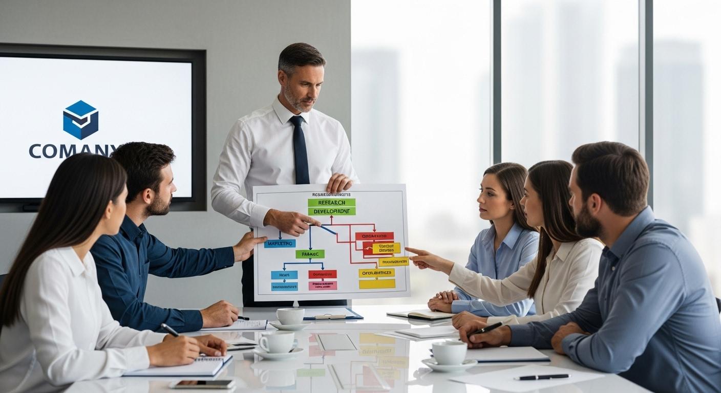Un manager en réunion montre un organigramme imprimé en couleurs à une équipe attentive autour d'une table de bureau, chacun pointant différents services sur le schéma.