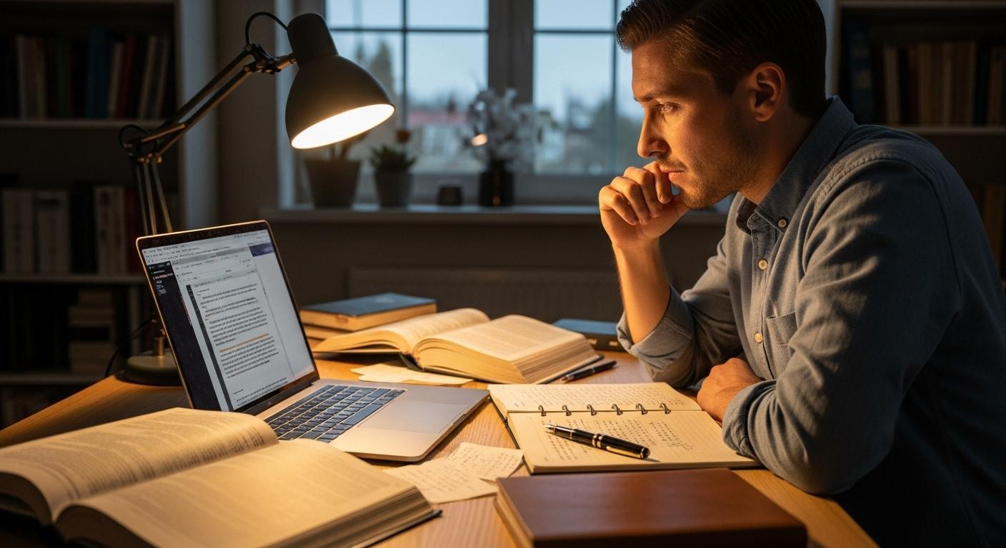 Un rédacteur concentré devant son ordinateur, entouré de dictionnaires ouverts et d'un carnet de notes, réfléchissant à la reformulation d'un texte pour le rendre unique et original.