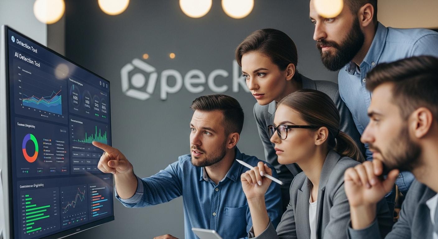 Une équipe de professionnels du web rassemblée autour d’un ordinateur, analysant attentivement un rapport d’outil de détection IA affiché à l’écran, avec des visages concentrés et des graphiques visibles, illustrant la pression à garantir l’originalité des contenus.