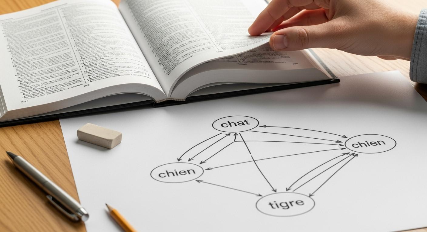 Une main feuillette un dictionnaire ouvert sur une table de travail, à côté d’une feuille couverte de schémas reliant les mots « chat », « chien », « lion » et « tigre » par des flèches, illustrant la construction des réseaux de sens entre les mots.