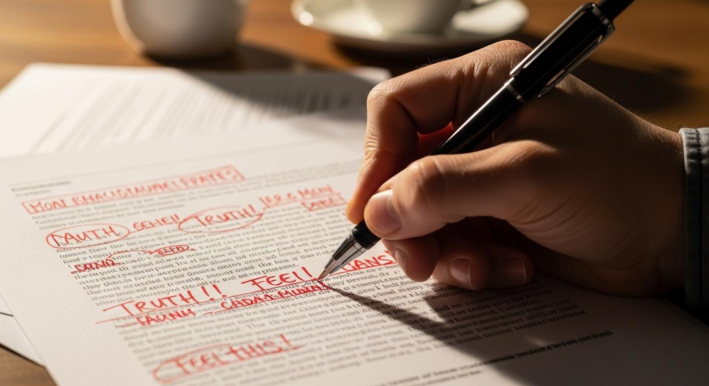 Une main humaine apporte des annotations manuscrites sur un texte imprimé généré par ordinateur, symbolisant la transformation d’un contenu froid en un texte vivant et authentique.