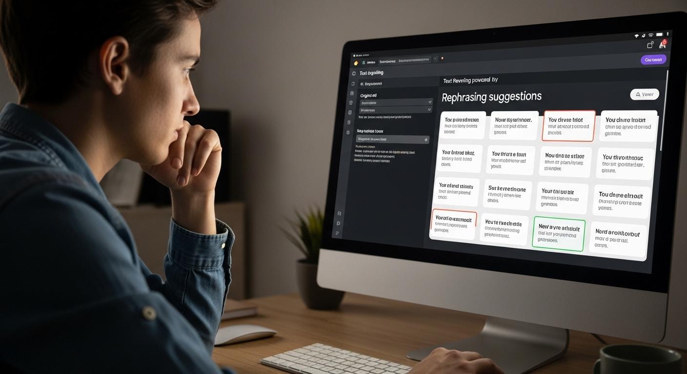 Une personne devant un ordinateur, concentrée, observe son texte en train d’être reformulé par un outil d’intelligence artificielle, l’écran affichant des suggestions de reformulations variées.