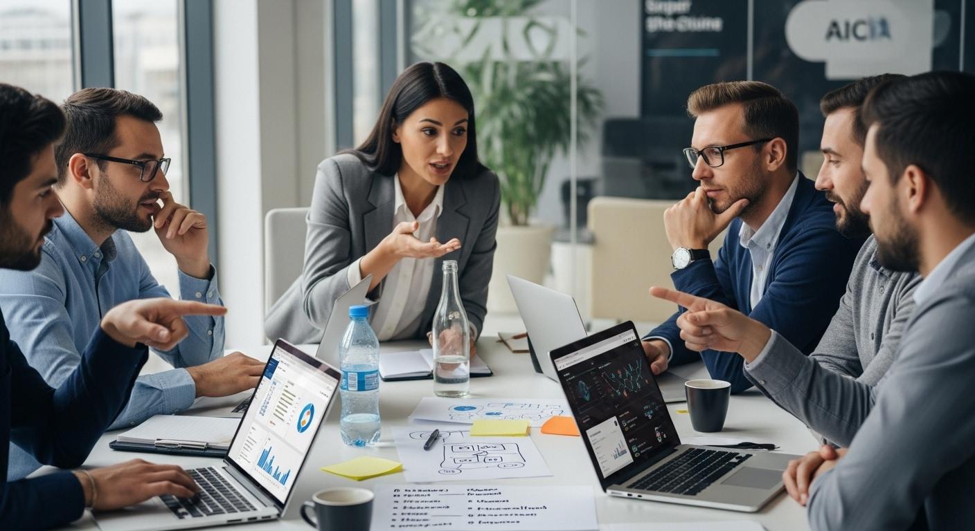 Réunion d’équipe autour d’une table de bureau, où l’on devine à la fois la tension et l’enthousiasme, entre ordinateurs portables et feuilles de notes, des salariés discutent vivement de l’adoption de nouveaux outils d’intelligence artificielle.