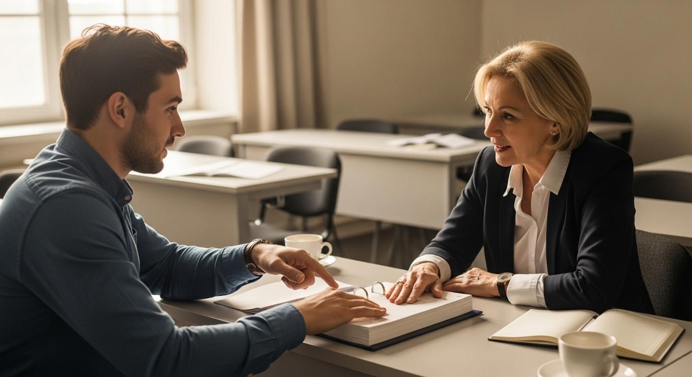 Un étudiant présente sa dissertation à son professeur lors d’un entretien oral dans une salle de classe, la tension et l’émotion sont palpables, le professeur écoute attentivement et valide finalement l’authenticité du travail de l’élève.