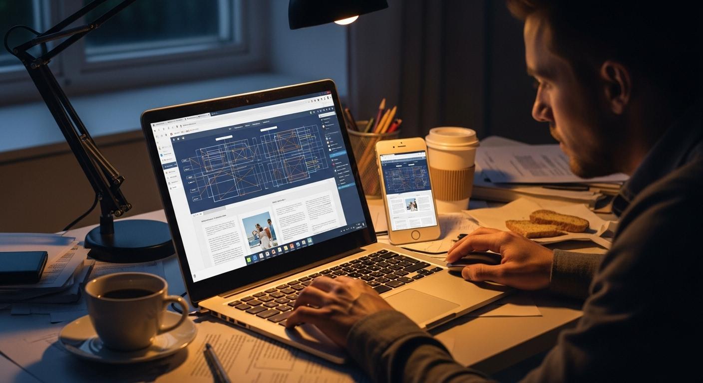 Un rédacteur travaille tard devant son ordinateur portable, entouré de feuilles éparpillées et d’un smartphone affichant une version mobile d’un site web, illustrant la quête de la structure parfaite et l’adaptation au format mobile.