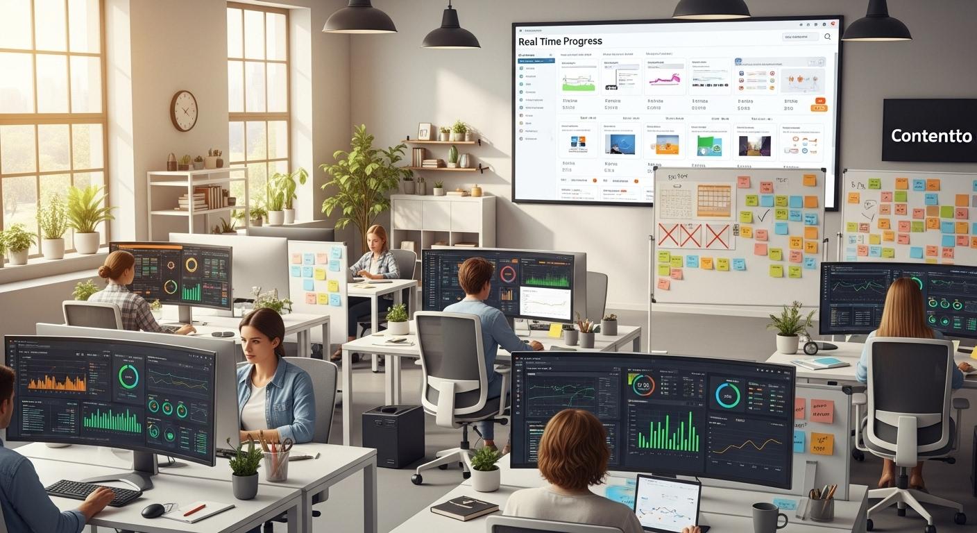 Dans un open space lumineux, plusieurs rédacteurs regardent attentivement leurs écrans où s'affichent des tableaux de bord automatisés ; à côté d'eux, un planning rempli de tâches barrées montre la rapidité du workflow, tandis qu'un écran géant affiche la progression en temps réel de la production des contenus digitaux.