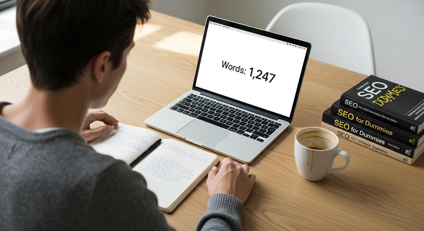 Sur un bureau moderne, un rédacteur regarde attentivement l'écran de son ordinateur affichant un compteur de mots bien visible, entouré d'un carnet ouvert, d'un mug de café et de quelques livres sur le SEO.