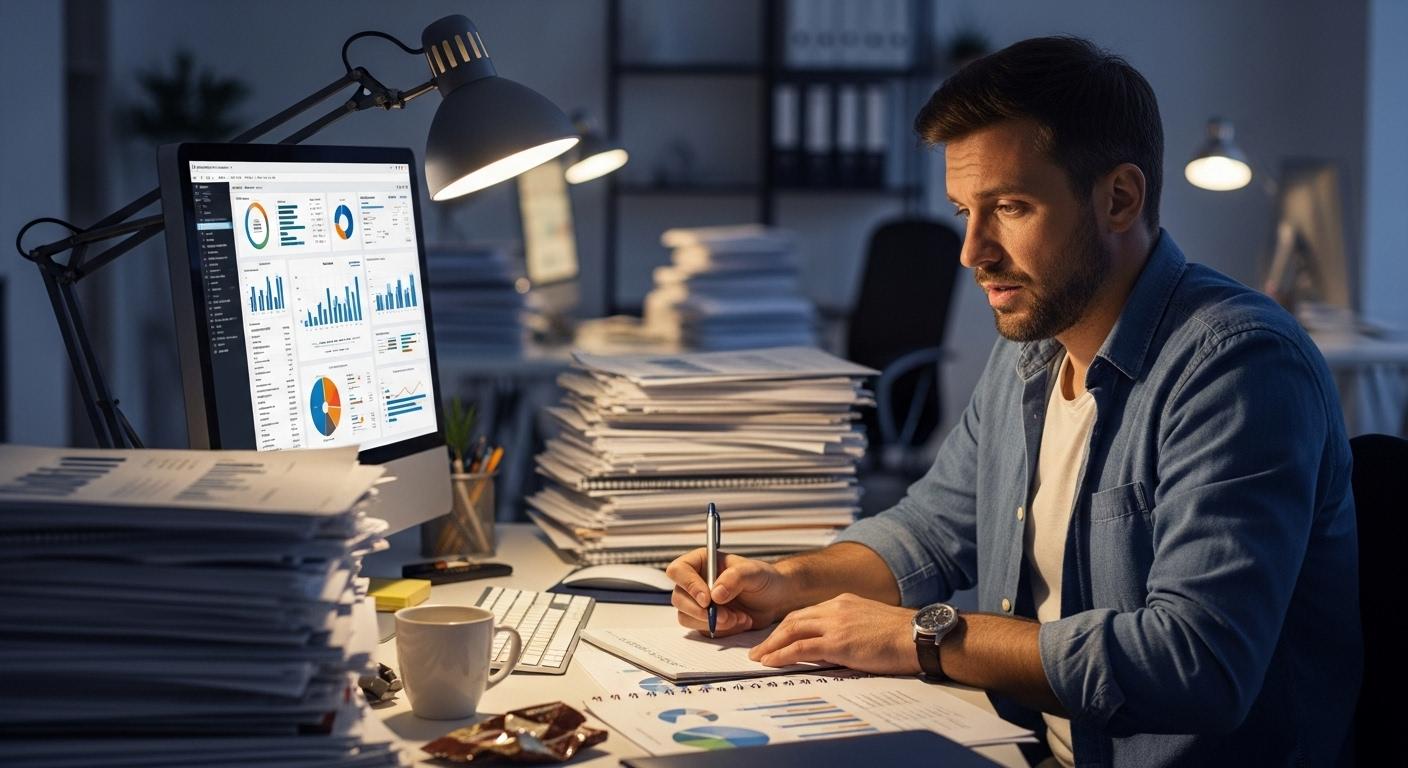 Un consultant SEO assis à son bureau en fin de journée, entouré d'une pile de documents et d'un écran d'ordinateur affichant un tableau de bord analytique, montre des signes de concentration et de légère fatigue alors qu'il rédige un résumé précis.