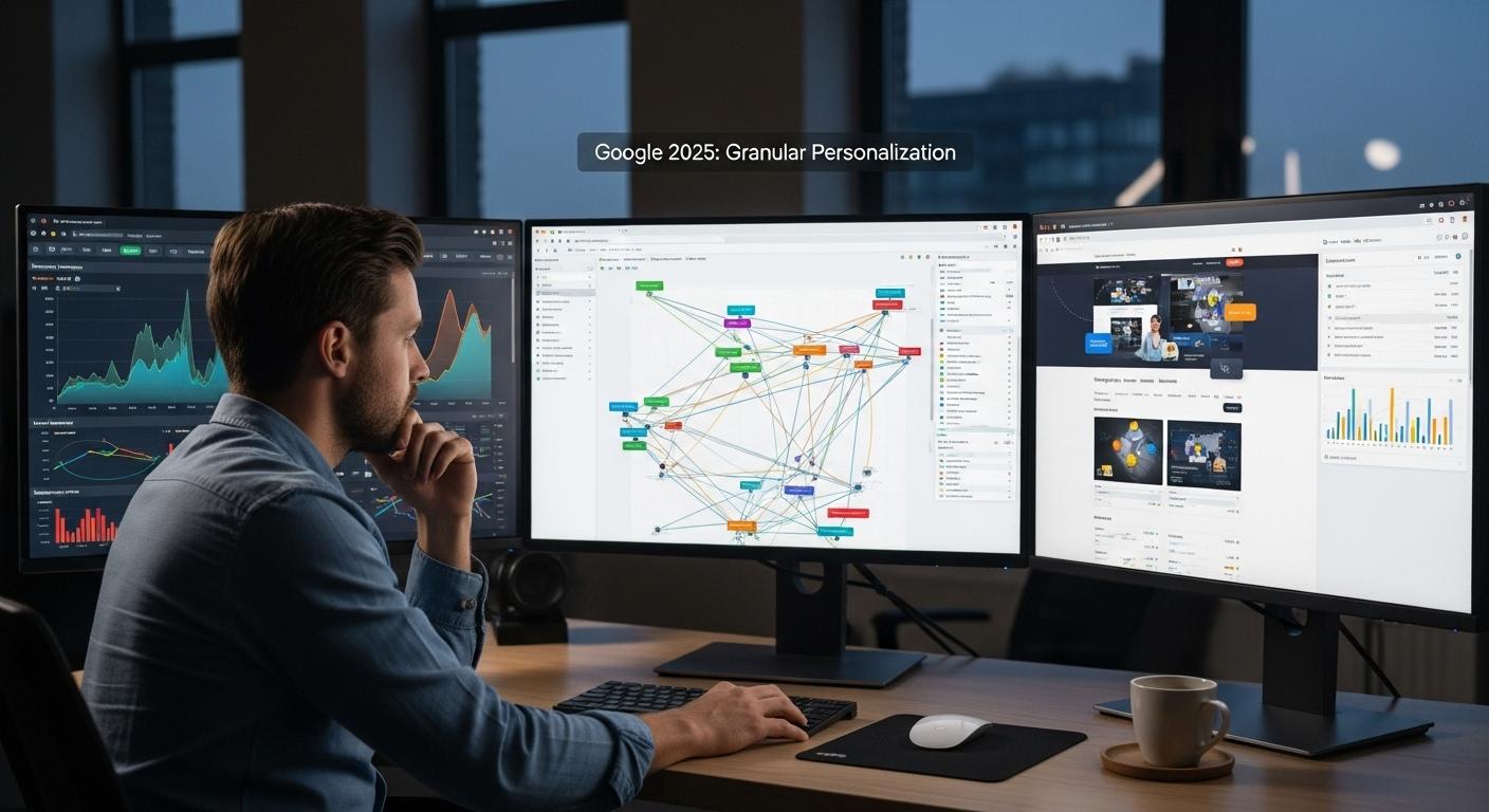 Un consultant SEO réfléchit devant plusieurs écrans où s'affichent des analyses sémantiques détaillées, des graphiques de positionnement, et des pages web d'exemple, illustrant la granularité et la personnalisation demandées par Google en 2025.