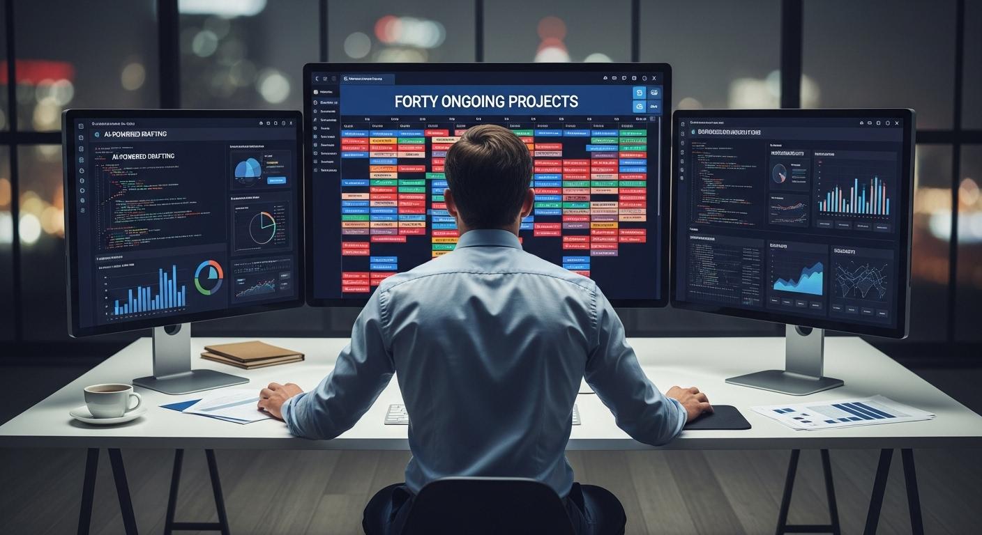 Un consultant seul devant plusieurs écrans affiche son planning très chargé avec quarante missions gérées simultanément, illustrant la montée en puissance permise par l'automatisation de la rédaction.