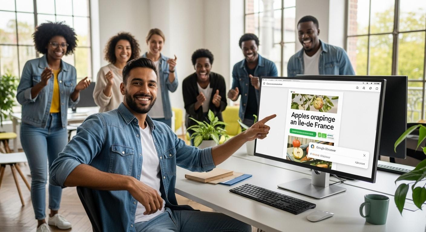 Un éditeur de contenu souriant, dans un bureau lumineux, montrant fièrement sur son écran un article publié sur les pommes bio en Île-de-France, son équipe autour de lui semblant enthousiaste face à la réussite de la publication très rapide sur Google Discover.