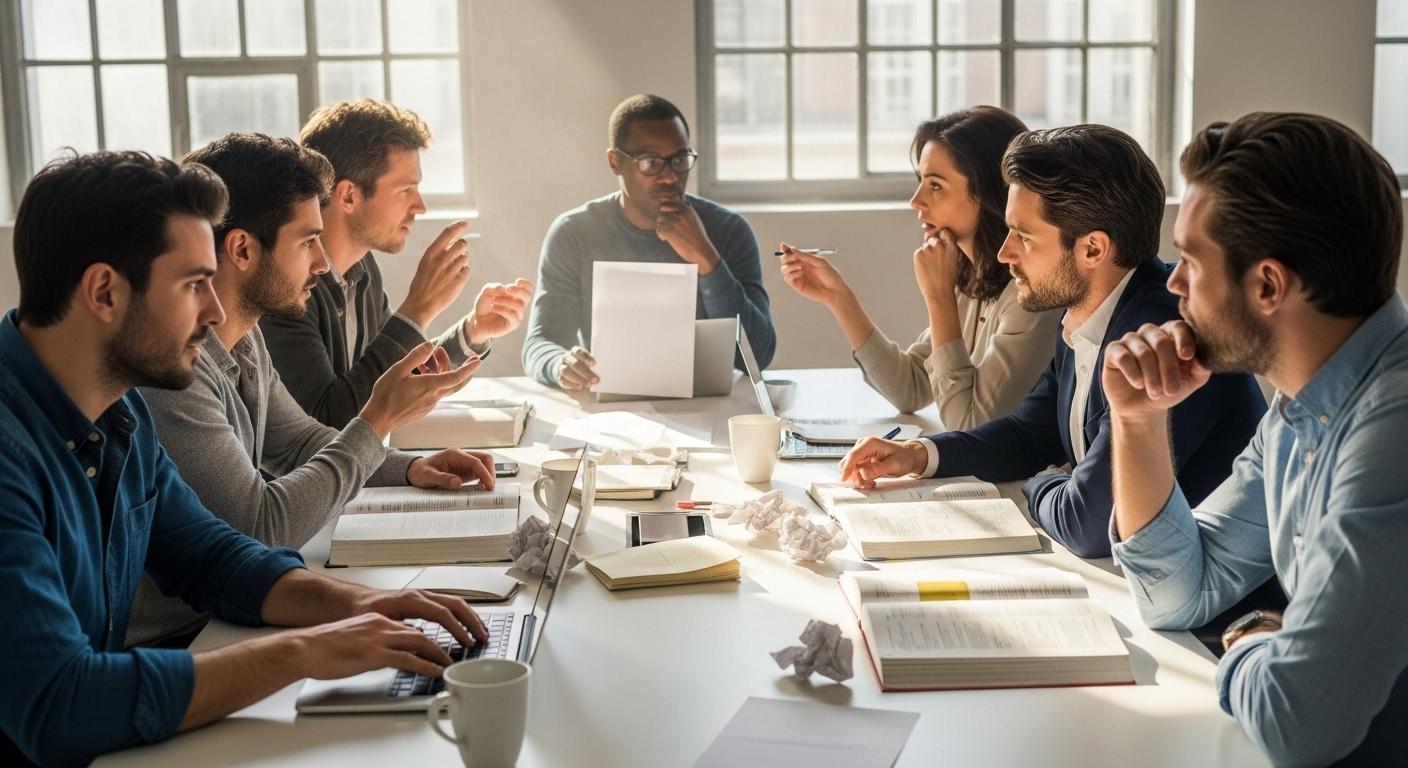 Un open space moderne où plusieurs rédacteurs expérimentés débattent autour d'une table, certains consultant leurs écrans ou des manuels de langue française, visiblement concentrés sur la formulation exacte à employer entre « autant pour moi » et « au temps pour moi »