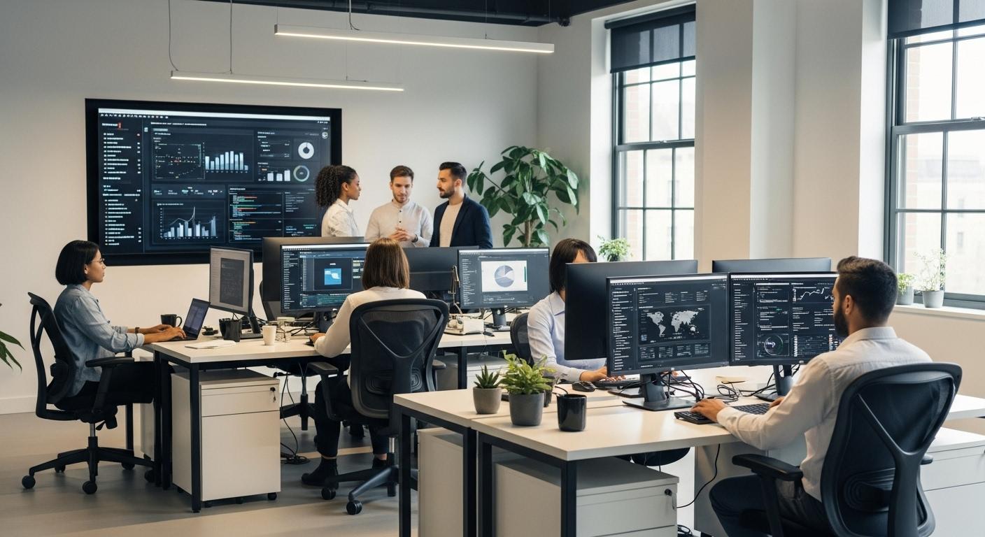 Un open space moderne où plusieurs rédacteurs travaillent à leurs ordinateurs, certains discutent face à un écran affichant des graphiques et du texte, l'un d'entre eux supervise le contenu généré par une IA visible sur un second écran, ambiance professionnelle et concentrée.