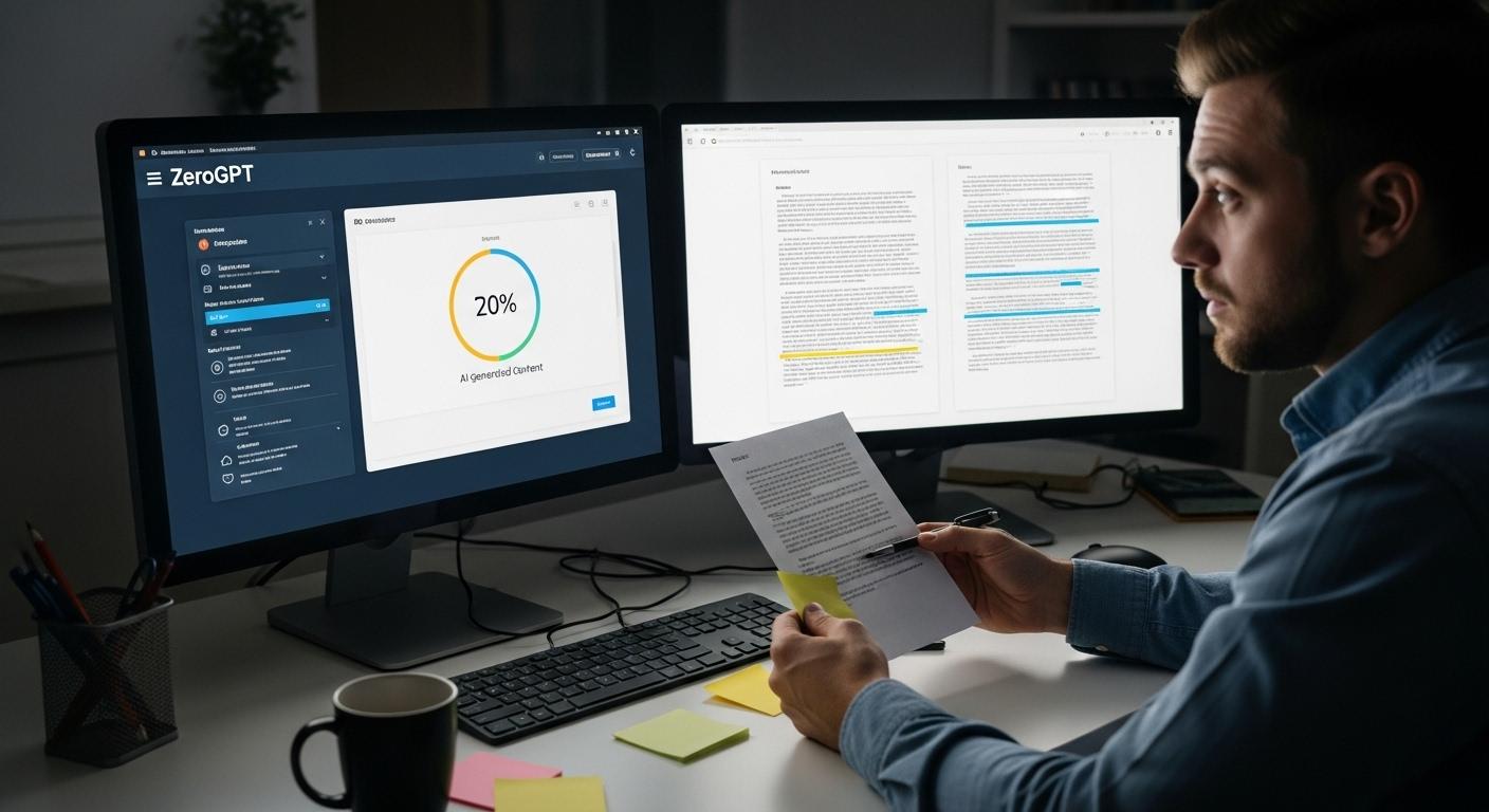 Un professionnel du SEO devant deux écrans d’ordinateur affichant côte à côte une analyse Zero GPT et un texte en cours de vérification, le visage concentré entre scepticisme et curiosité, des post-it et une tasse de café à la main.