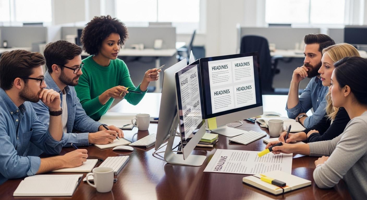 Une équipe de rédaction réunie autour d'une grande table en bois, observant plusieurs propositions de titres sur des écrans d'ordinateur, certains annotent à la main, ambiance studieuse et attentive.